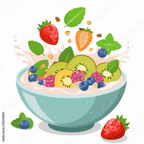 Fresh Fruit and Yogurt in a Bowl with Splashing Berries and Kiwi.