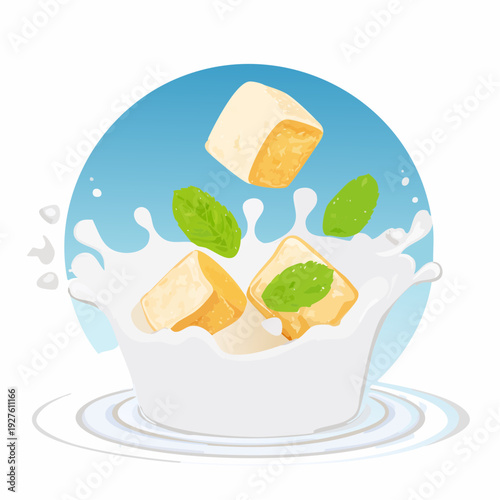 Tofu cubes falling into a bowl of milk with mint leaves.