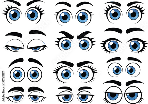 Cartoon blue eyes and eyebrows expressions set, various emotional looks collection, vector illustration for character design, animation assets and facial features