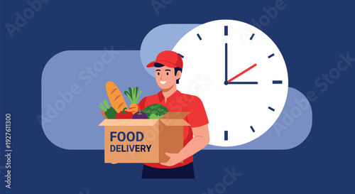 Professional delivery man holding a cardboard box filled with fresh food and vegetables in front of a large wall clock.
