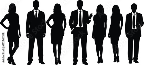 Group of diverse business professionals in formal suits blazers dresses ties standing confidently black silhouette vector illustration isolated white background.