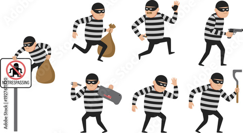 Cartoon burglar character set with masked thief running, holding sack, weapon and tools, breaking rules sign, crime action vector illustration collection