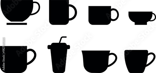 Collection of various coffee and tea cups in black silhouette