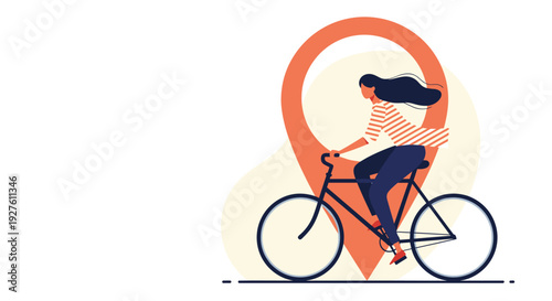 Young woman riding a bicycle past a large orange location pin icon symbolizing travel navigation or city exploration.