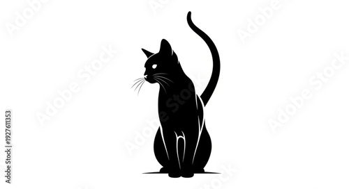 Black cat silhouette with glowing eyes on white background.