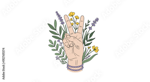 Hand making a peace sign gesture surrounded by various wildflowers and green leaves in a beautiful botanical arrangement.