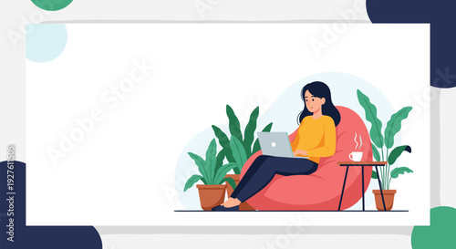 Young woman sitting comfortably in a red bean bag chair working on her laptop surrounded by indoor house plants.