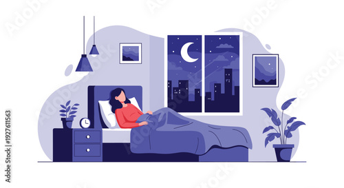 Peaceful woman sleeping soundly in a comfortable bed at night with a view of a moonlit city skyline through the window.