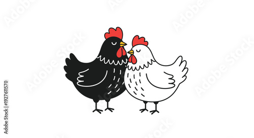 Adorable black hen and white chicken standing together as a pair against a clean white background in a simple art style.