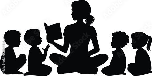Black silhouette of a teacher reading a book to four children sitting in a circle isolated on a white background.