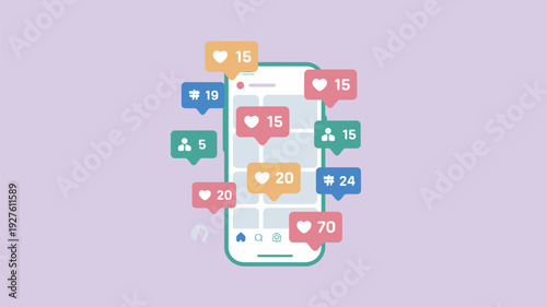 A smartphone with social media notifications and likes on a purple background