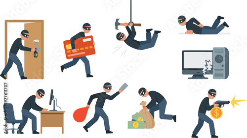 Cartoon burglar action set showing masked thief breaking door, hacking computer, stealing money, running with loot, and crime scenes vector illustration collection