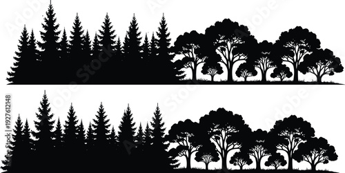 Panoramic forest silhouette set with coniferous evergreen and deciduous broadleaf trees in cad drawing flat vector illustration for nature design