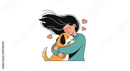 Heartwarming illustration of a young woman with long flowing hair affectionately hugging her pet dog with floating hearts.