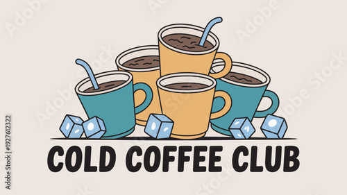A colorful illustration of cold coffee cups with ice cubes and a straw
