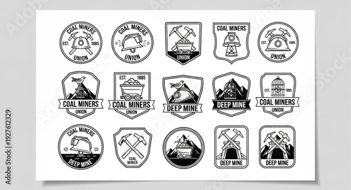 Collection of vintage mining badges and emblems, retro design elements.