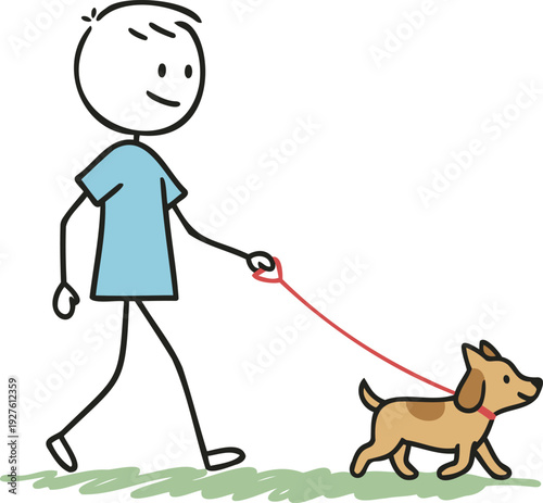 Man walking dog on leash outdoors in a casual stroll with pet, exercising together in a relaxed environment