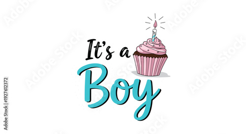 Sweet it is a boy celebration graphic featuring a delicious cupcake with pink frosting, sprinkles, and a single candle.
