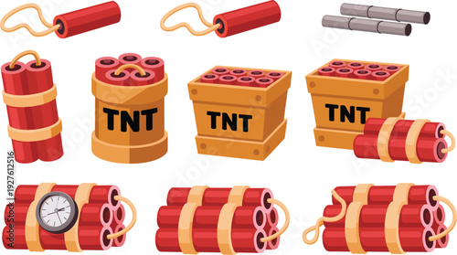 Cartoon dynamite TNT explosive set with detonators, bombs and sticks, colorful vector illustration of blasting equipment isolated on background