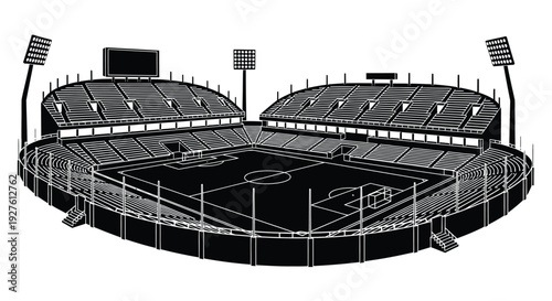 Black and white illustration of a large sports stadium with a field