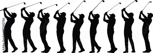 Set of nine black silhouettes of professional golfers swinging clubs in various follow through action poses isolated on white.