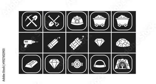 Collection of mining tools and resources icons on a black background.