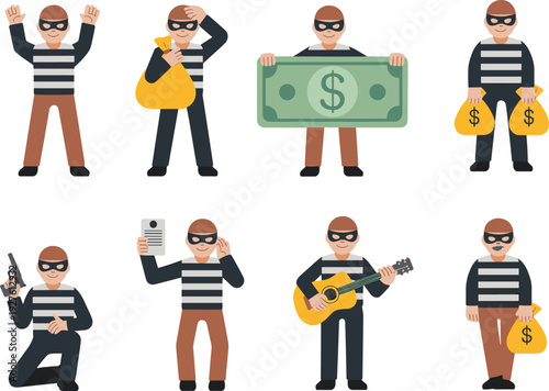 Cartoon thief character set with masked burglar holding money, weapon, guitar, and documents in various poses, crime concept vector illustration collection
