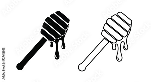 Two honey dippers with dripping honey in black and white styles