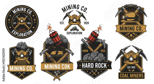 Vintage mining company logos featuring pickaxes, rocks, and exploration themes for industrial design.