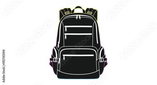 Neon outline of a black backpack against a white background