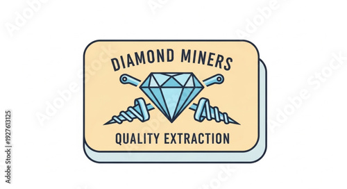 Diamond Miners Quality Extraction Logo Depicting Gemstone and Tools.