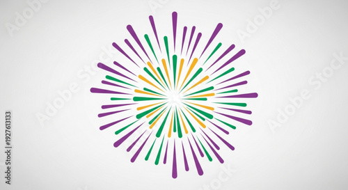 Vibrant multicolor burst graphic with purple green and yellow lines radiating outward on a white background creating a dynamic energy effect