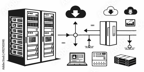 Illustration of a networked data center with servers, cloud storage, and security features. Vector