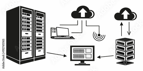 A network of servers and devices connected to the cloud for data storage and management Vector