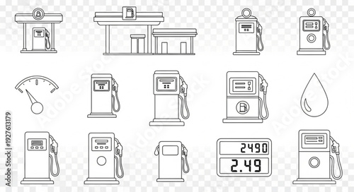 Gas station fuel pumps and related elements, black and white sketch.
