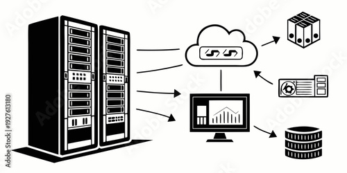 A diagram showing the connection between a server, a database, and a cloud. Vector
