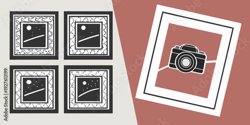 Four vintage photos and a camera on display in a museum exhibit. Vector