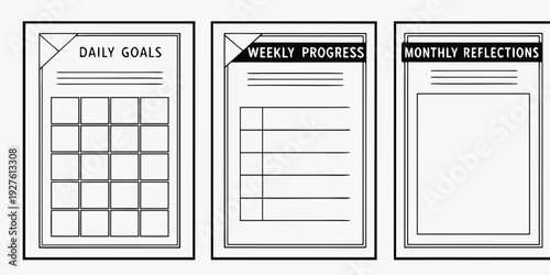 Three blank charts for tracking daily goals, weekly progress, and monthly reflections Vector