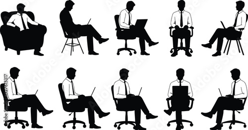 Businessman working on laptop vector silhouettes, men sitting on chairs and armchairs in office poses, remote work and corporate lifestyle illustration