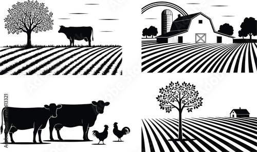 Black and white farm vector illustration, barn and silo with cows and roosters, trees and plowed field rows, pastoral rural agricultural landscape silhouettes