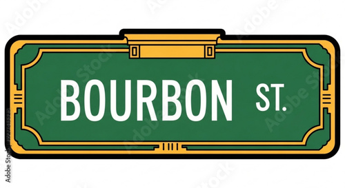 Vibrant green and gold bourbon street sign with white lettering on plain white background