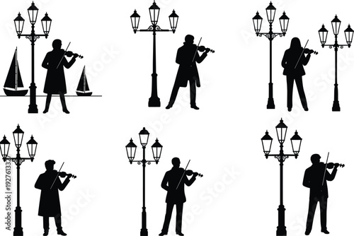 Black and white violinists vector illustration, street musicians by lampposts and waterfront sailboats, urban evening scene, classical performance silhouettes, vintage cityscape artwork