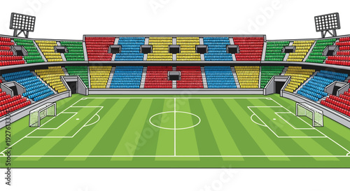 Colorful stadium illustration with a soccer field and tiered seating