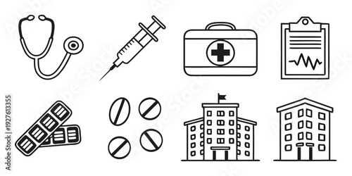 Illustrations of medical equipment and symbols representing healthcare services and facilities Vector