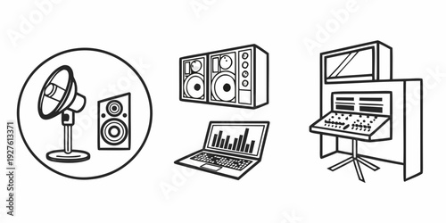 Modern office setup with computer, server, and cooling system Vector