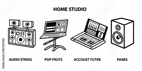 Illustration of a home studio setup with various audio equipment and instruments Vector