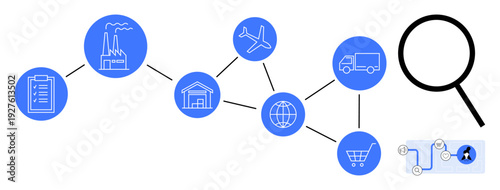 Factory, clipboard, airplane, warehouse, truck, globe, and shopping cart connected by lines, magnifying glass emphasizing optimization. Ideal for logistics supply chain management trade