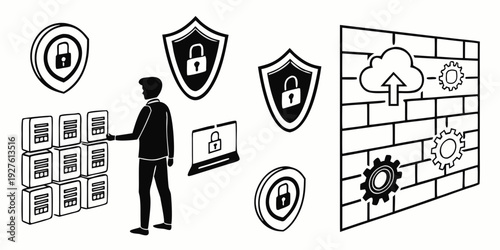 A person standing in front of a wall with various security icons and symbols. Vector