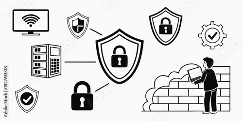 Illustration of a person standing in front of a brick wall with various security icons surrounding them. Vector