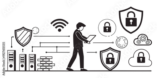 A person using a smartphone with various security icons around them Vector